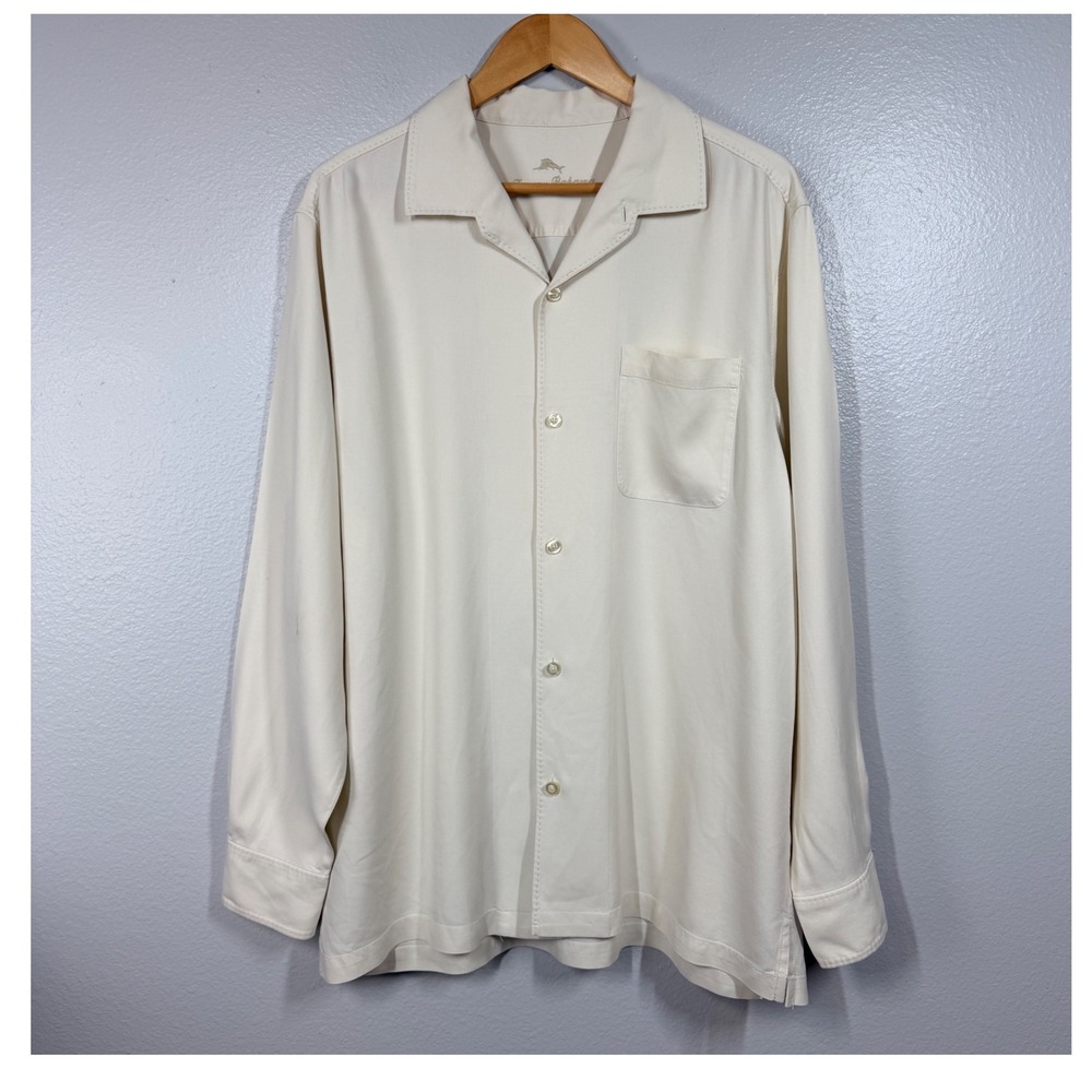 Tommy Bahama Shirt Men XL Cream Silk Long Sleeve Camp Button Up Solid Casual